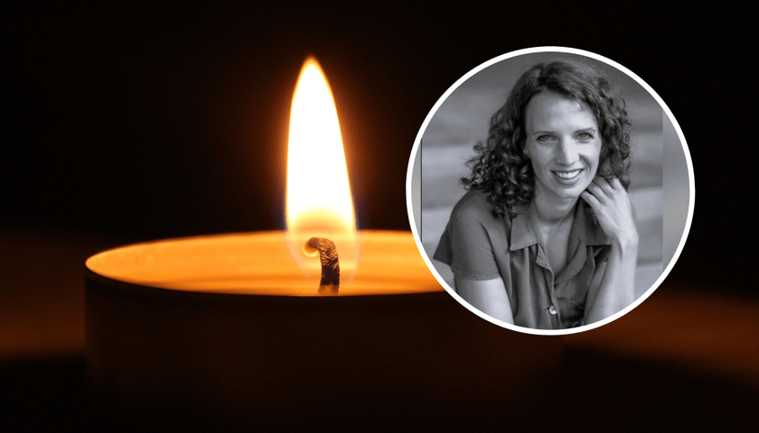 W kółku z prawej Magdalena Majtyka - portret, w tle znicz na ciemnym tle