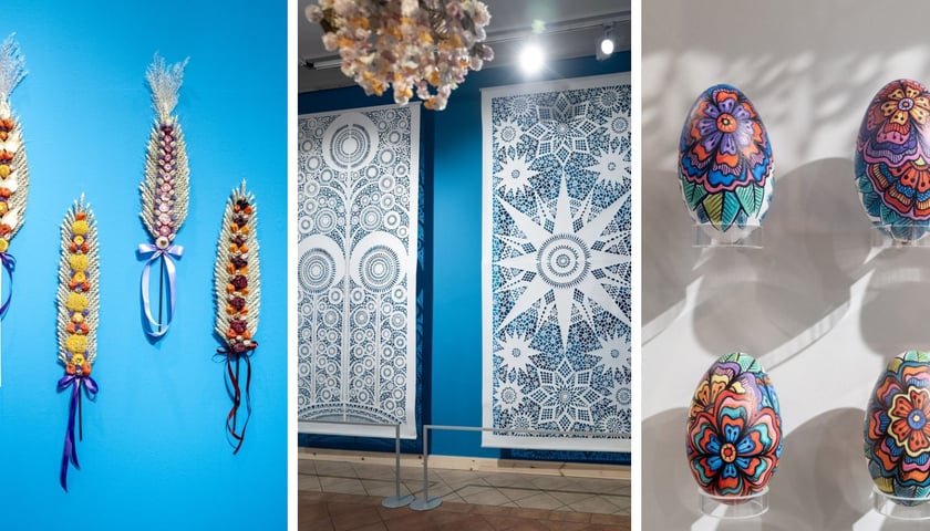 Na trzech zdjęciach od lewej palmy, wycinanki, zdobione wydmuszki jajek