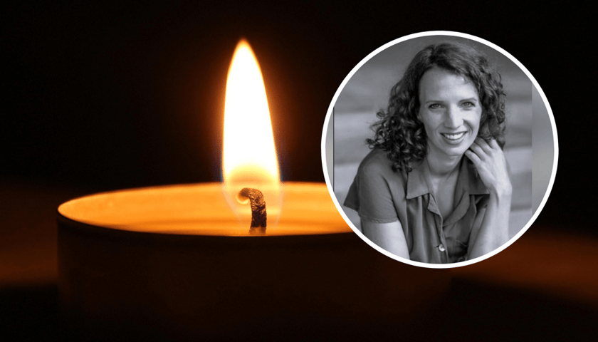 W kółku z prawej: Magdalena Majtyka - portret, w tle: znicz na ciemnym tle