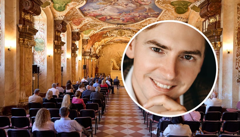 W tle: Oratorium Marianum, w kółku: Grzegorz Niemczuk