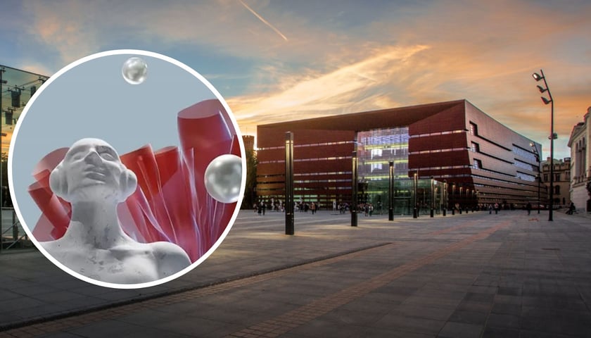 na zdjęciu dużym gmach Narodowego Forum Muzyki, na zdjęciu małym fragment statuetki Nagrody Fryderyk 