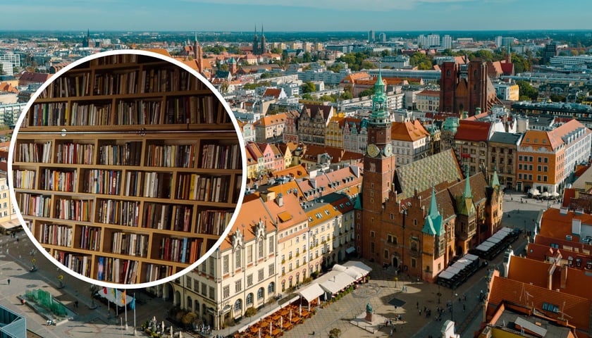 Na zdjęciu widok na ratusz we Wrocławiu oraz na wrocławski rynek, na małym zdjęciu w kółku półka z książkami 