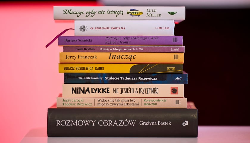 Na zdjęciu książki ułożone w stosik z widocznymi grzbietami 