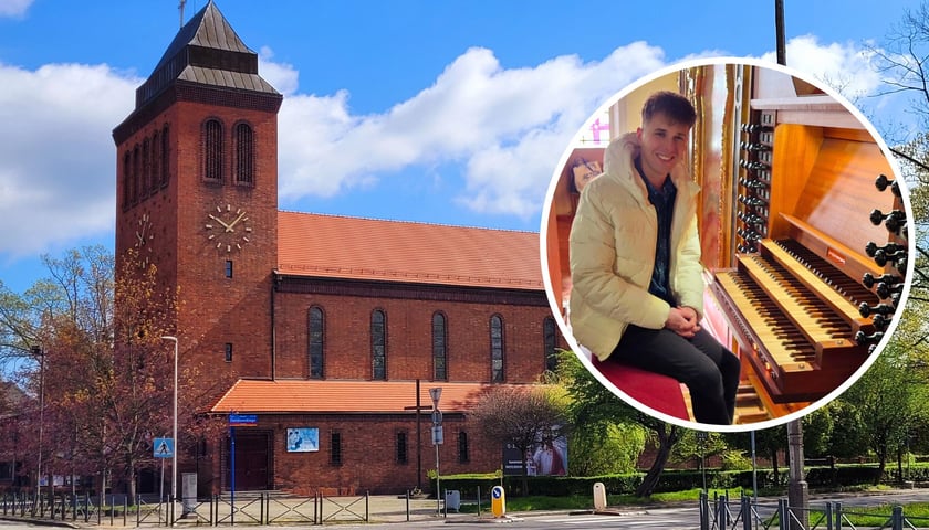 Na zdjęciu głównym kościół p.w. Świętej Rodziny na Sępolnie, na zdjęciu w kółku organista Jakub Zawadzki 