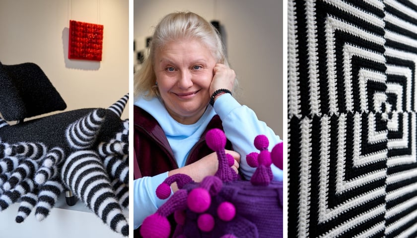 Trzy zdjęcia – z lewej „Obiekt najeżony” artystki, w środku artystka przy swojej pracy, z prawej jedno z dzieł z przędzy 