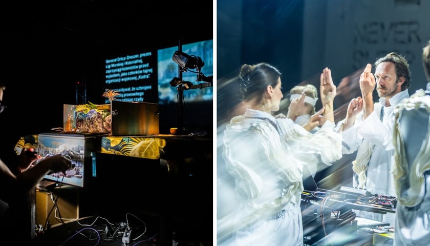 Kolaż dwóch kadrów ze spektakli poznańskiej Sceny Roboczej