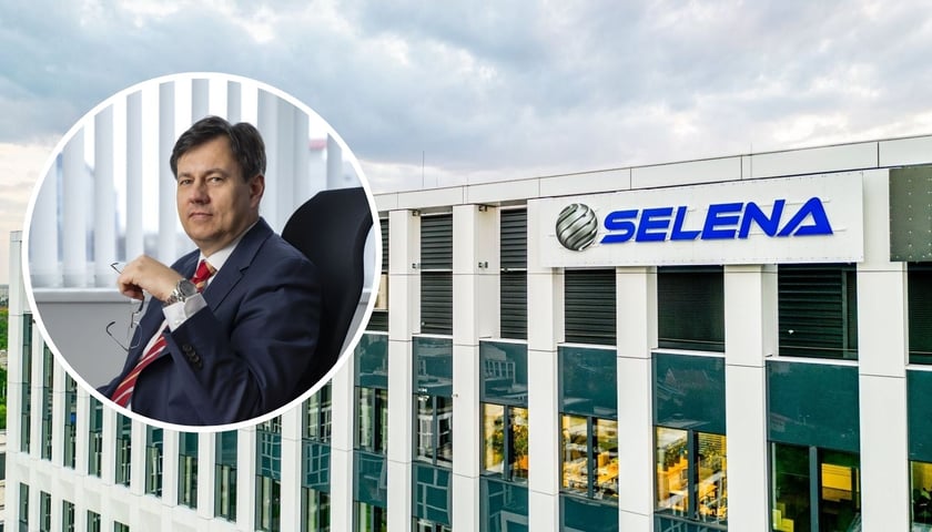 Zdjęcie ilustracyjne - widok na biurowiec z napisem "Selena" na fasadzie; w lewej części zdjęcia w okrągłym kadrze Sławomir Majchrowski, prezes Grupy Selena.