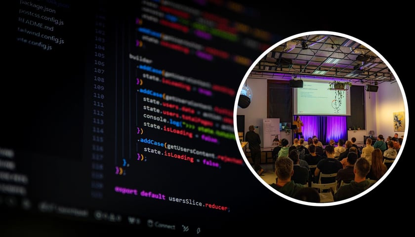 W tle - ekran komputera z kodem w JavaScript. W kółku: uczestnicy jednej z poprzednich edycji dev.js Wrocław, zdjęcie ilustracyjne.