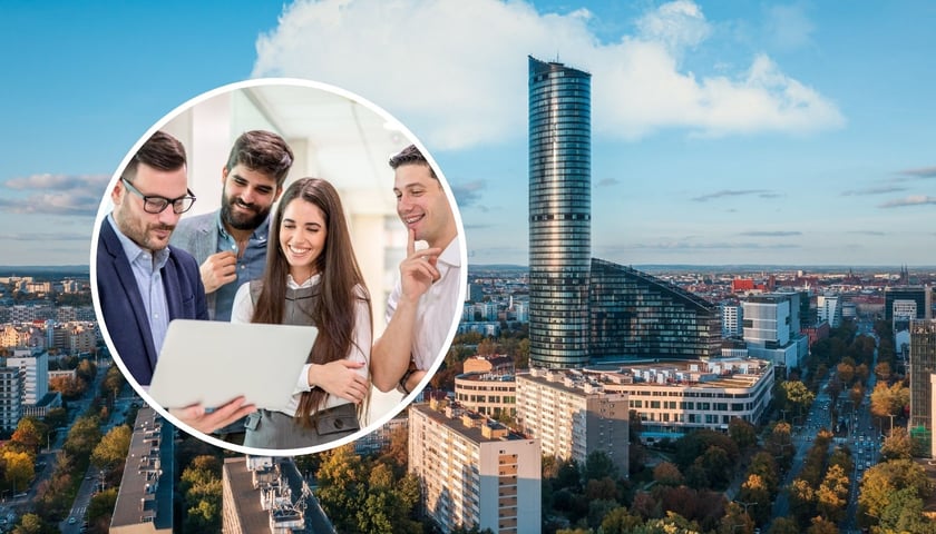 Widok z lotu ptaka na Wrocław z wieżą Sky Tower i nałożonym okrągłym zdjęciem grupy współpracowników z laptopem. Deloitte Technology Fast 50: Ruszył nabór dla firm IT z Wrocławia.
