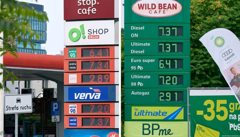 Dwie pionowe tablice z cenami na stacji benzynowej w zbliżeniu, po lewej z cenami w pomarańczowo-niebieskich polach, po prawej z cenami w zielonych polach, pokazujące aktualne stawki za różne rodzaje paliw. Tańsze paliwo we Wrocławiu, 17.08.2026 r.