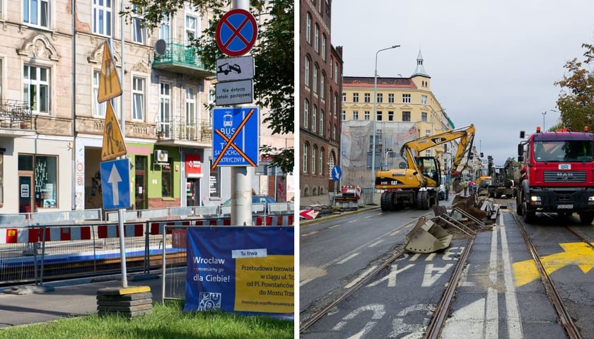 Remonty dróg we Wrocławiu. Po lewej stronie widoczne są znaki drogowe oraz tablica informacyjna o inwestycji, a po prawej – ciężki sprzęt budowlany, w tym żółta koparka i czerwona ciężarówka pracujące na jezdni. Remonty trwają, ale lokalne firmy działają.
