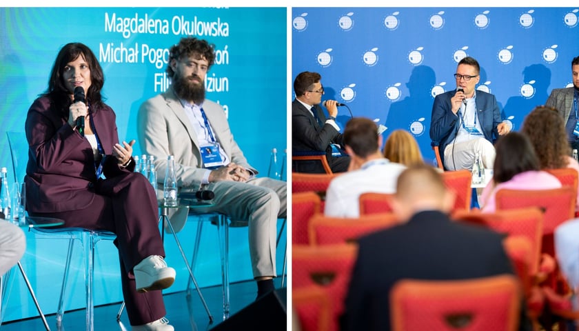 Zdjęcie podzielone na pół: z lewej Magdalena Okulowska (z mikrofonem), prezes ARAW podczas panelu na Forum Ekonomicznym w Karpaczu; z prawej - uczestnicy panelu z serii WRO Venture Connect 2.0 i publiczność na sali.
