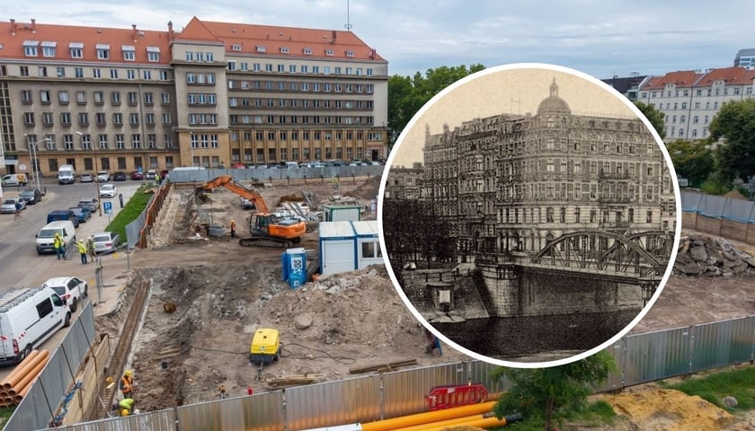 Zdjęcie przedstawia plac budowy z rozkopaną ziemią i koparką na tle budynków. W kółku umieszczono archiwalną, czarno-białą fotografię ze starym, ozdobnym budynkiem i mostem. Nowa inwestycja na placu Maxa Borna – ruszyły prace budowlane, wrzesień 2026 r. 