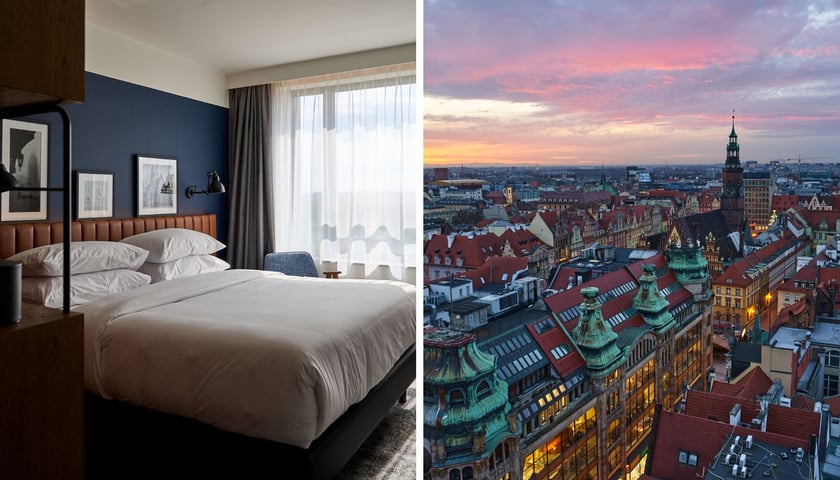 dwa zdjęcia: łóżko w pokoju hotelowym; panorama centrum Wrocławia z widoczną wieżą Starego Ratusza