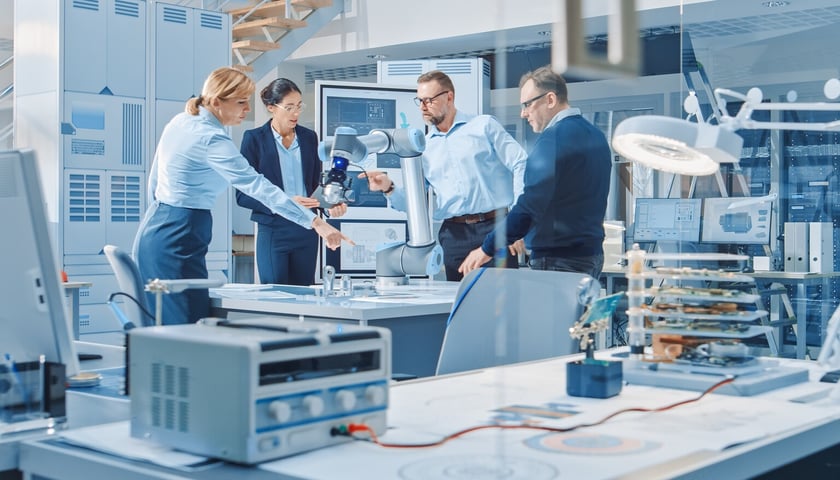 Czworo osób w laboratorium technologicznym ogląda ramię robota przemysłowego stojące na stole wśród sprzętu elektronicznego i monitorów z rysunkami technicznymi, zdjęcie ilustracyjne. Dolnośląskie firmy MŚP z szansą na 200 tys. euro na innowacje.