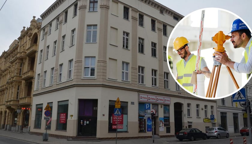 Kamienice we Wrocławiu, w kółku mężczyźni w kaskach 