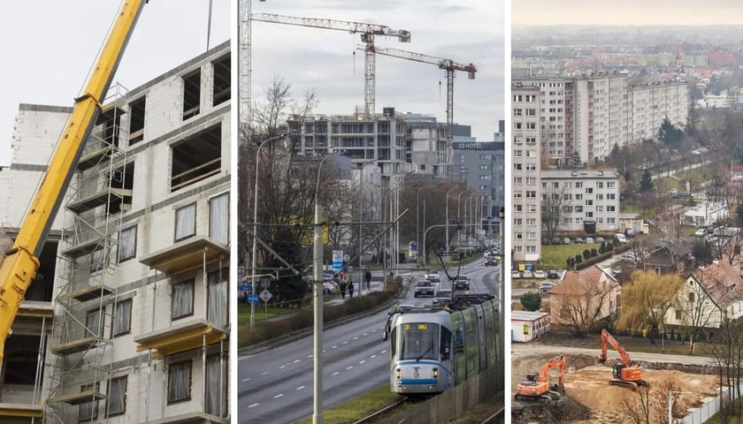 Budowa domów we Wrocławiu z dźwigami na placu budowy, zdjęcia ilustracyjne