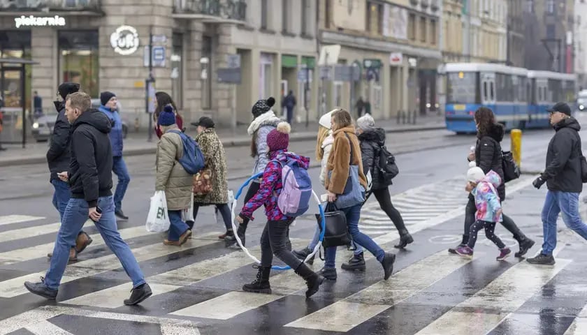 Na zdjęciu dorośli i dzieci na przejściu dla pieszych 