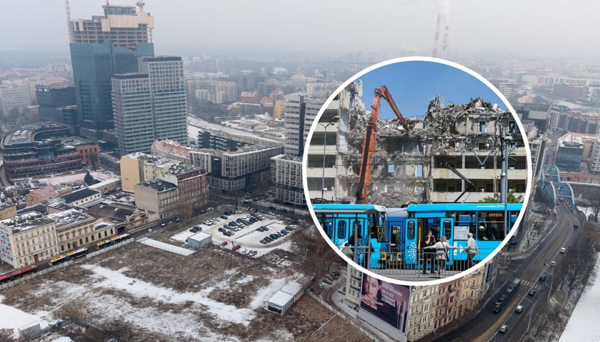 Panorama na pl. Jana Pawła II z drona, wyburzany biurowiec Cuprum, w tle kompleks Quorum