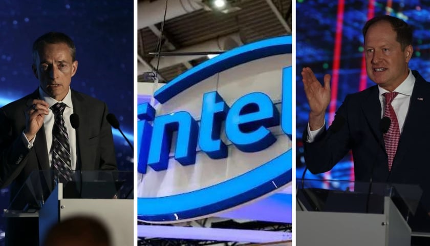 Pat Gelsinger, dyrektor generalny firmy Intel, napis Intel, Marek Brzeziński, Ambasador USA w Polsce.. 16 czerwca 2023 r. głoszenie inwestycji Intela