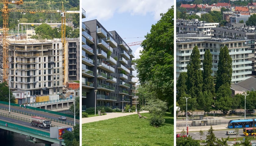 Budynki mieszkalne na Kępie Mieszczańskiej z lotu ptaka, widać tramwaj i ulice z samochodami
