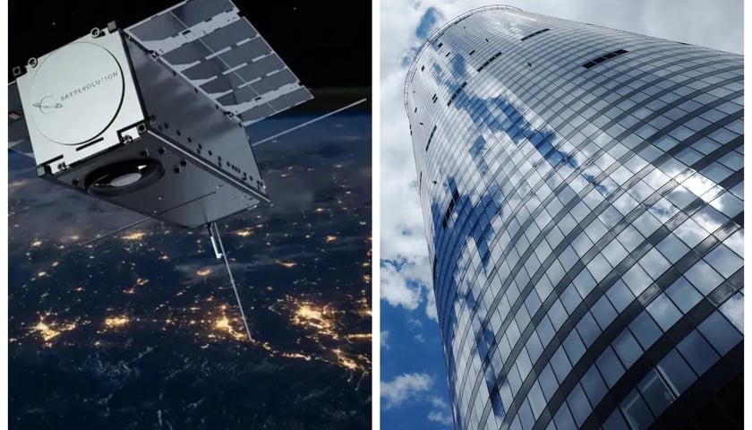 Satelita SatRevolution (SatRev) na tle planety Ziemia, obok umieszczone zdjęcie wieżowca SkyTower