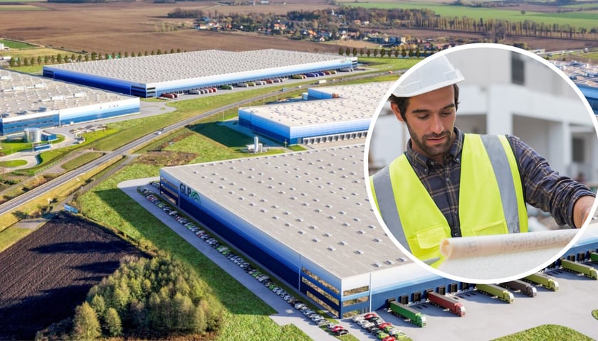 GLP Wrocław V Logistics Park, w kółku mężczyzna w kasku budowlanym i kamizelce odblaskowej