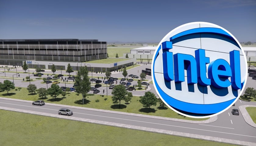 Fabryka, hale, drogi, wizualizacja zakładu spółki Intel k. Wrocławia, w kółku napis Intel