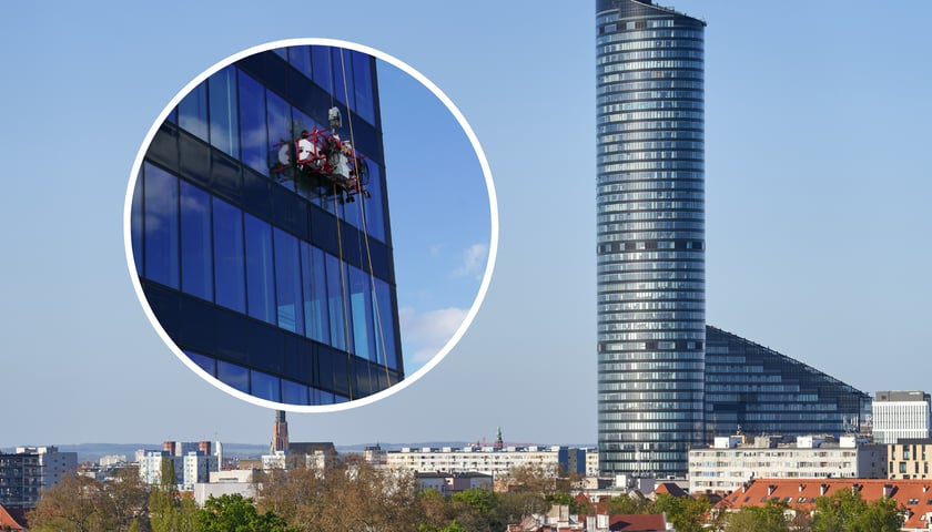 Maszyna na Sky Tower (w kółeczku). Na zdjęciu głównym - najwyższy wieżowiec mieszkalny we Wrocławiu