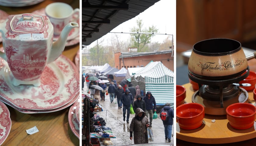 Targowisko "Na Młynie". Z lewej ceramika, w środku ludzie w deszczu