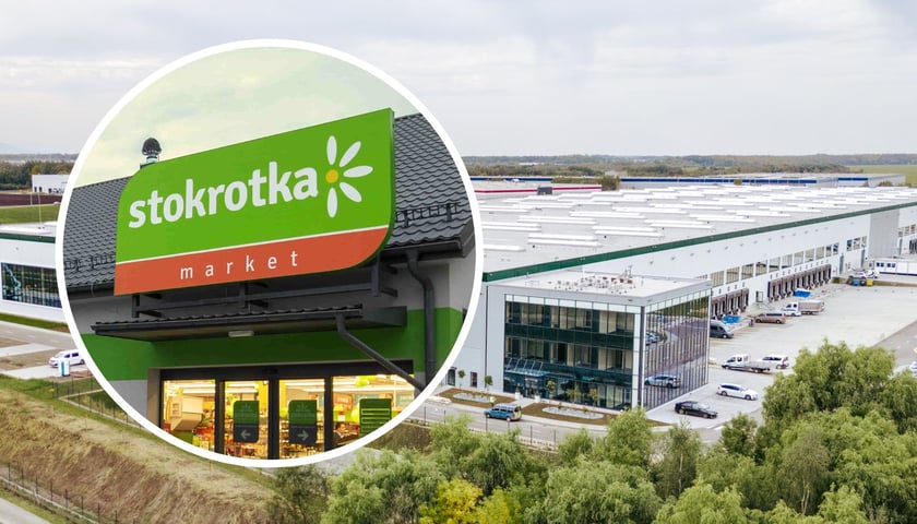 Hale centrum dystrybucyjnego Prologis Park Wrocław III koło wrocławskiego lotniska, w kółku logo sklepu Biedronka