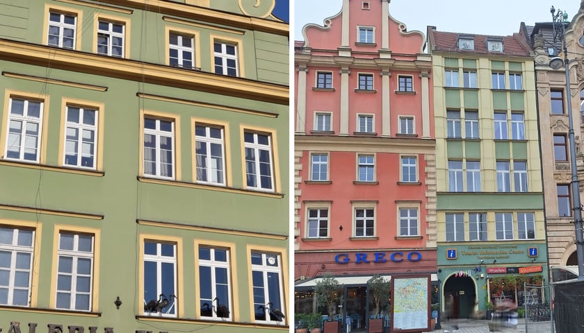 Dwa zdjęcia przedstawiające komunalne kamienice w centrum Wrocławia