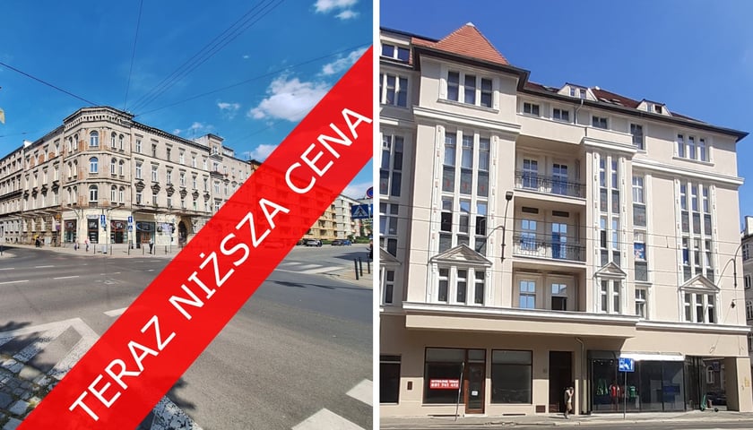 Dwa zdjęcia przedstawiające komunalne kamienice w centrum Wrocławia, napis na czerwonym tle teraz niższa cena. Zobacz, mieszkania komunalne na sprzedaż .