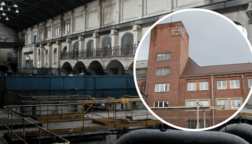 Wnętrze zabytkowej hali dawnej elektrowni przy ulicy Łowieckiej we Wrocławiu (i widok z zewnątrz)