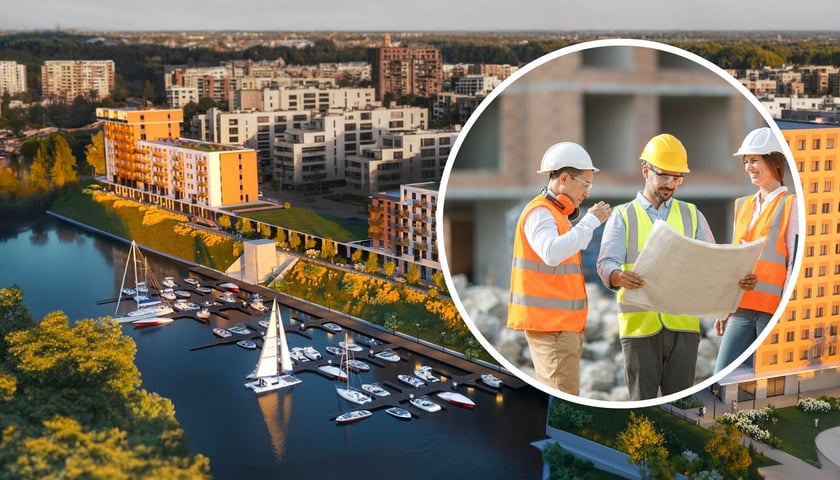 Budynki mieszkaniowe na osiedlu Port Popowice, w kółku kobieta i dwóch mężczyzn w kaskach na budowie