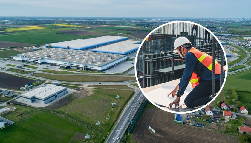 Zdjęcie lotnicze, hale i magazyny Wrocław V Logistics Centre, w kółku: pracownik na budowie