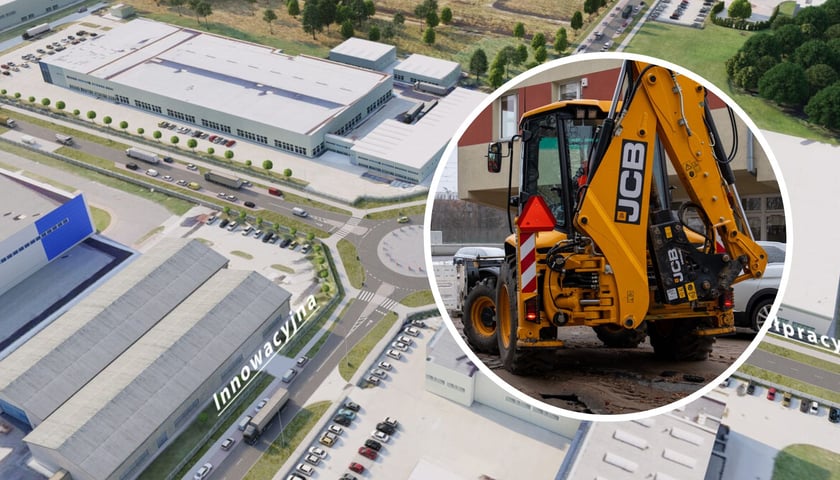 Hale produkcyjne w podstrefie ekonomicznej Wrocław - Kobierzyce, w kółku koparka. 