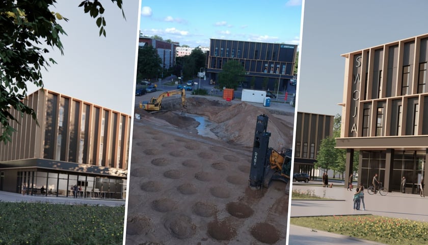 Wizualizacje budynku nowej części Centrum Handlowego Swoje Olimpia oraz plac budowy z koparką