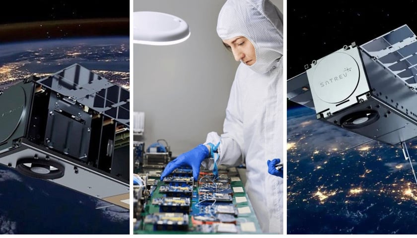 Satelity SatRev w kosmosie, w środku naukowiec w laboratorium SatRev