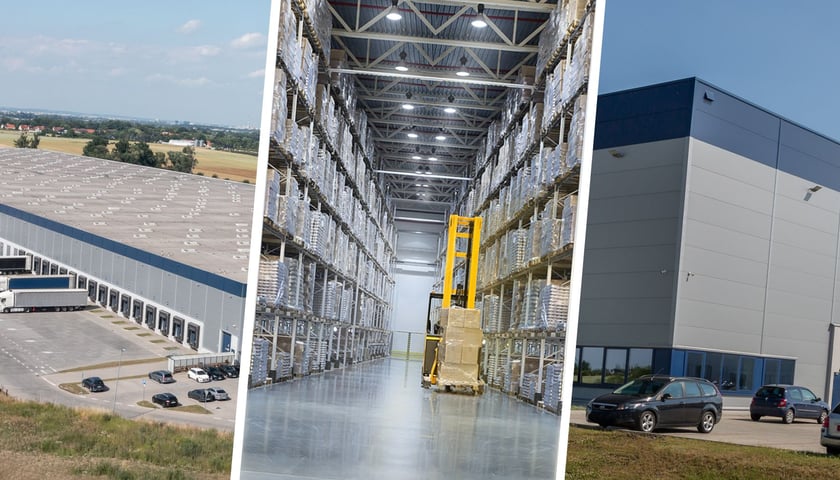 Hale magazynowe Prime Logistics Wrocław, w środku wózek widłowy w magazynie