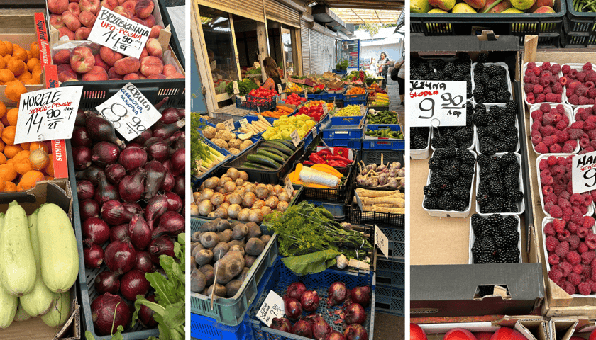 Warzywa i owoce z cenami, w środku - Bazar Komandor