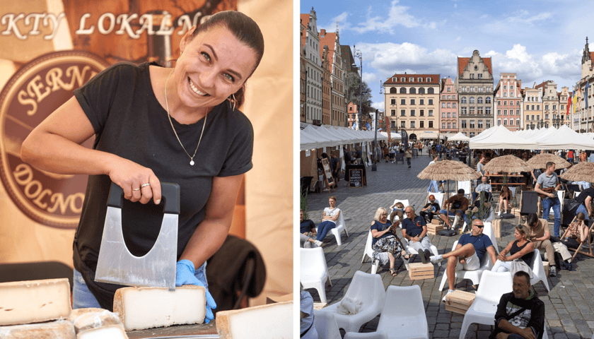 Wrocławska FETA 2023 w Rynku. Z lewej uśmiechnięta kobieta krojąca na stoisku ser, z prawej stoiska i uczestnicy festiwalu na leżakach