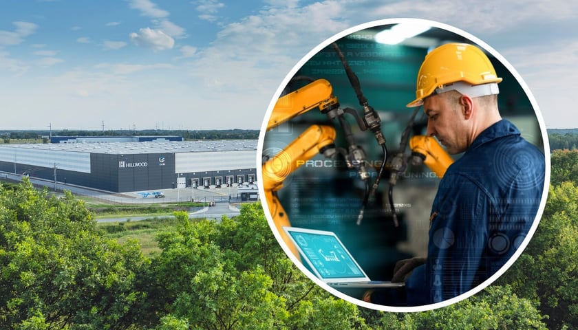 Zdjęcie lotnicze, widać hale magazynowe i zielone drzewa. Park Logistyczny Hillwood & LCube Wrocław East koło Wrocławia. W kółku mężczyzna w kasku ochronnym obsługuje robota przemysłowego.