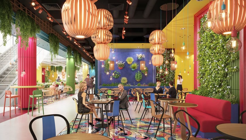 Wizualizacja strefy gastronomicznej na 1. piętrze Sky Towera