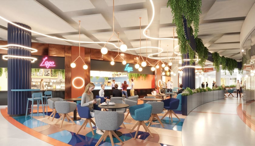 Wizualizacja strefy gastronomicznej na 1. piętrze Sky Towera
