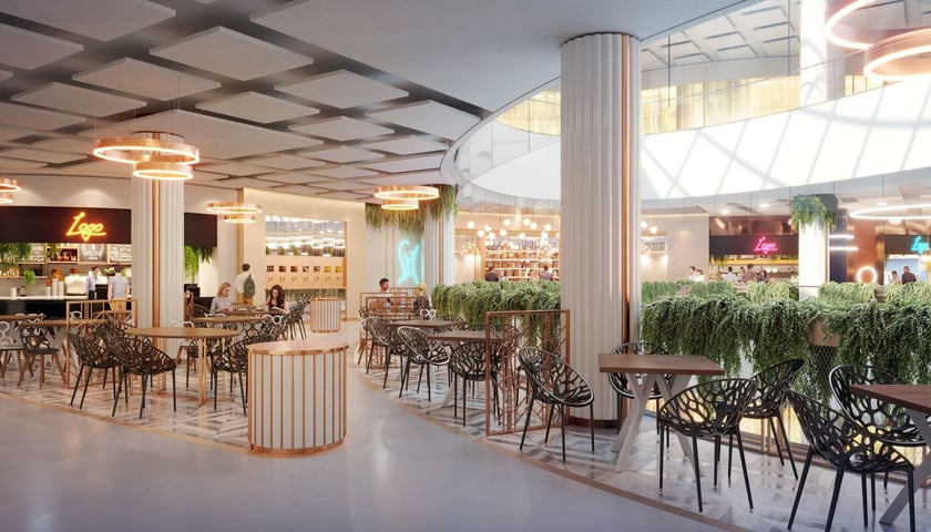 Wizualizacja strefy gastronomicznej na 1. piętrze Sky Towera