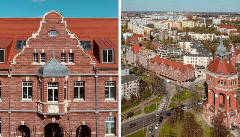 Budynki Sudea na Krzykach, zdjęcie lotnicze widać budynki Sudea i Wieżę Ciśnień 