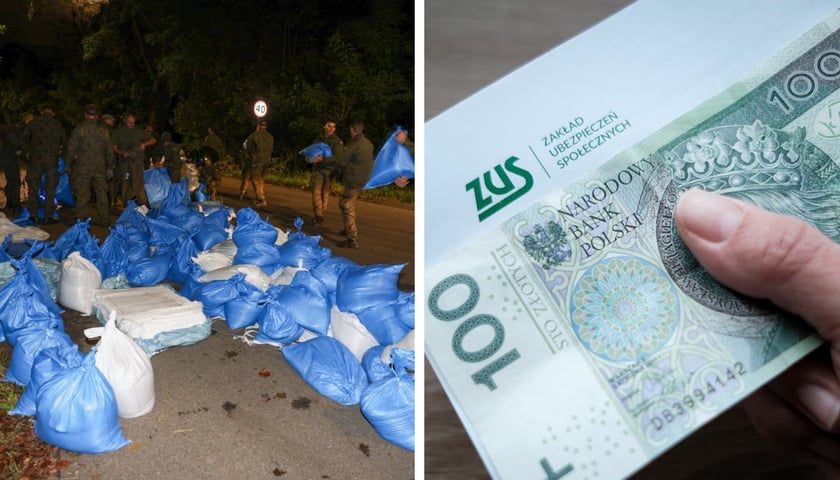 Zdjęcia ilustracyjne - układanie worków z piaskiem na wale przeciwpowodziowym i banknot 100-złotowy oraz pismo z ZUS