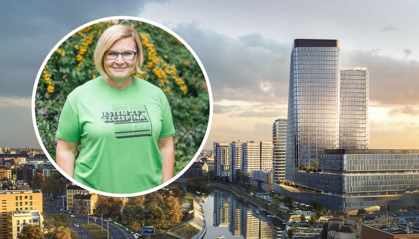Budynki nad Odrą, w tle panorama Wrocławia. Quorum nad Odrą, wizualizacja. W kółku Joanna Klima, przewodnicząca zarządu Osiedla Szczepin