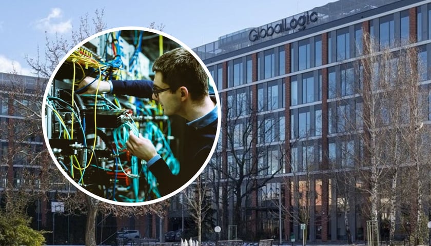 Biurowiec GlobalLogic we Wrocławiu, w kółku mężczyzna i sprzęt IT w siedzibie Nokii we Wrocławiu